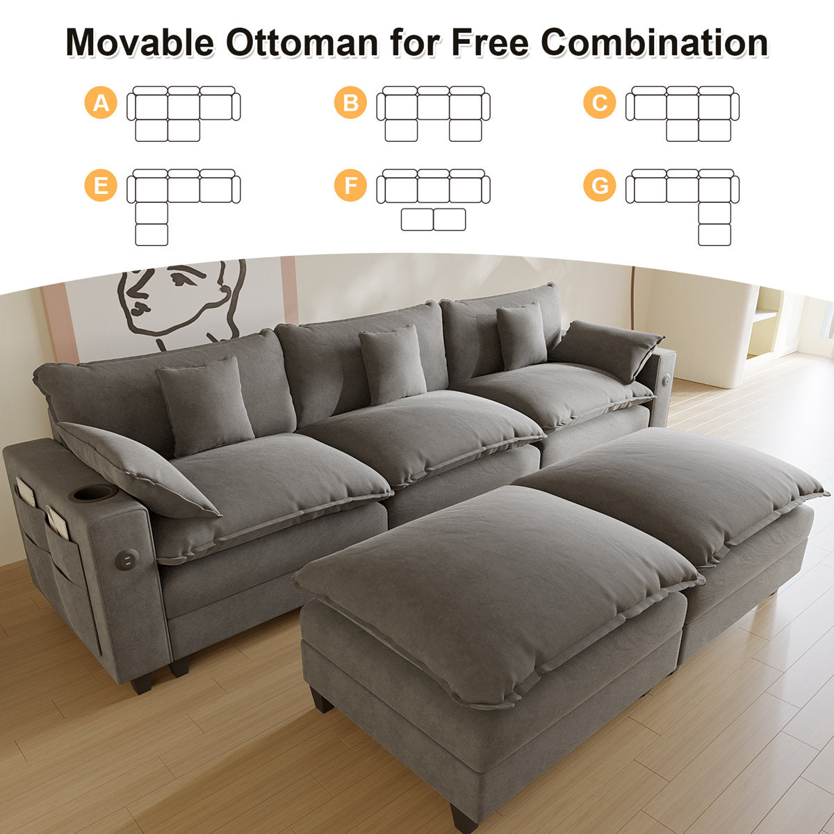 Sectional Couches for Living Room,116" U‑Shaped Modular Sectional with Ottoman, Cup Holders & USB Ports- Chenille Cloud Couch, 5-Seat Deep Seat Sofa for Apartment, Gray