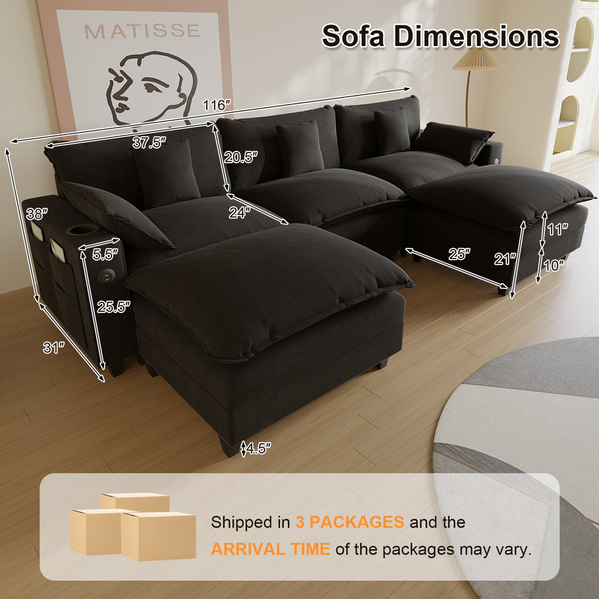 Sectional Couches for Living Room,116" U‑Shaped Modular Sectional with Ottoman, Cup Holders & USB Ports- Chenille Cloud Couch, 5-Seat Deep Seat Sofa for Apartment, Black