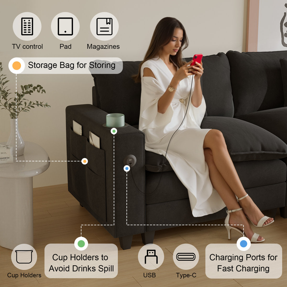 Sectional Couches for Living Room,116" U‑Shaped Modular Sectional with Ottoman, Cup Holders & USB Ports- Chenille Cloud Couch, 5-Seat Deep Seat Sofa for Apartment, Black