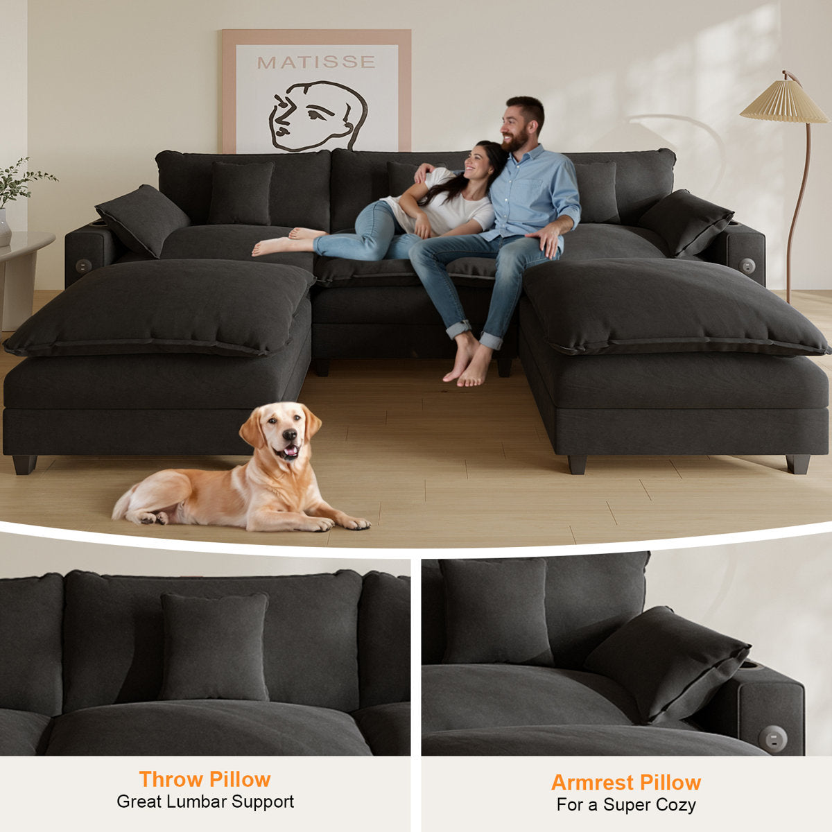 Sectional Couches for Living Room,116" U‑Shaped Modular Sectional with Ottoman, Cup Holders & USB Ports- Chenille Cloud Couch, 5-Seat Deep Seat Sofa for Apartment, Black