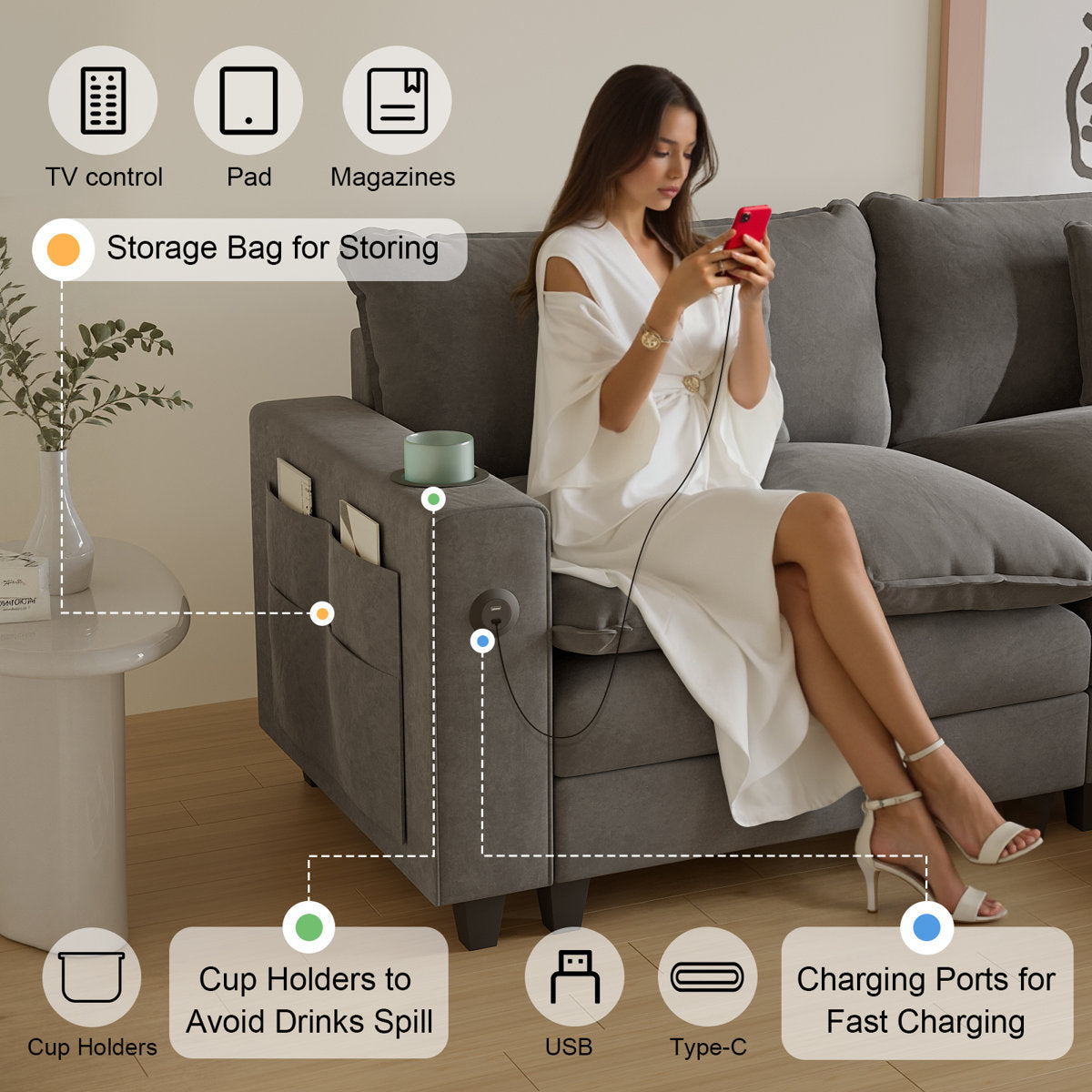 Sectional Couches for Living Room,116" U‑Shaped Modular Sectional with Ottoman, Cup Holders & USB Ports- Chenille Cloud Couch, 5-Seat Deep Seat Sofa for Apartment, Gray