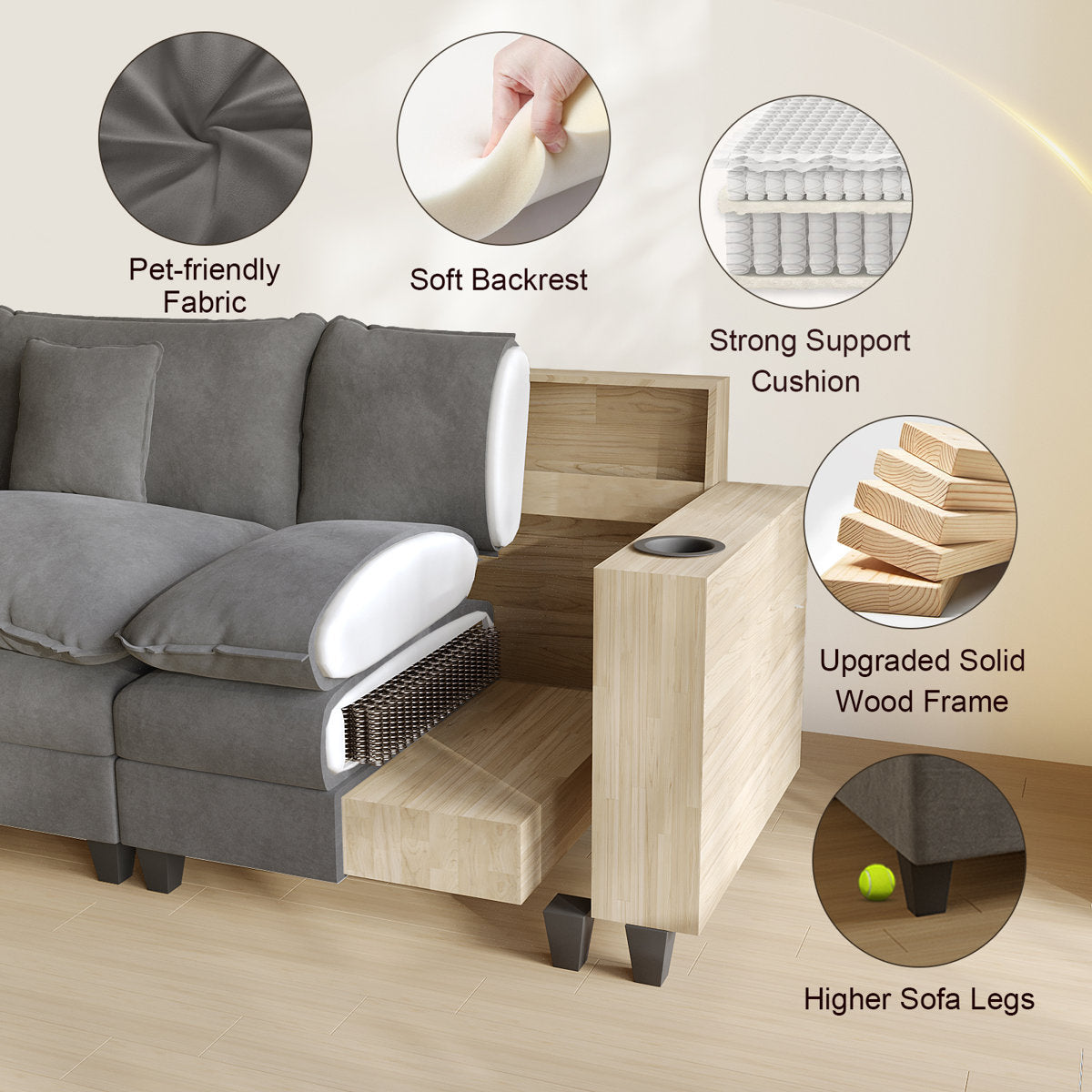 Sectional Couches for Living Room,116" U‑Shaped Modular Sectional with Ottoman, Cup Holders & USB Ports- Chenille Cloud Couch, 5-Seat Deep Seat Sofa for Apartment, Gray