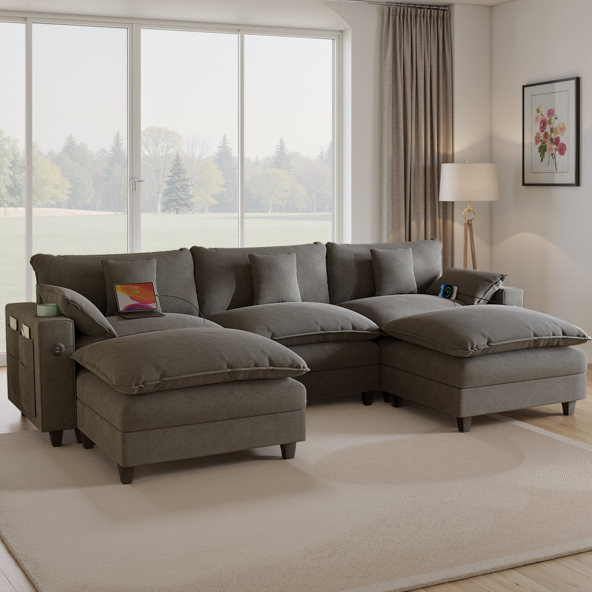 Sectional Couches for Living Room,116" U‑Shaped Modular Sectional with Ottoman, Cup Holders & USB Ports- Chenille Cloud Couch, 5-Seat Deep Seat Sofa for Apartment, Gray