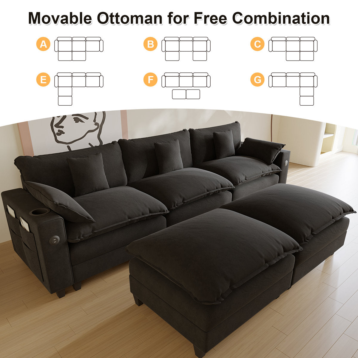 Sectional Couches for Living Room,116" U‑Shaped Modular Sectional with Ottoman, Cup Holders & USB Ports- Chenille Cloud Couch, 5-Seat Deep Seat Sofa for Apartment, Black