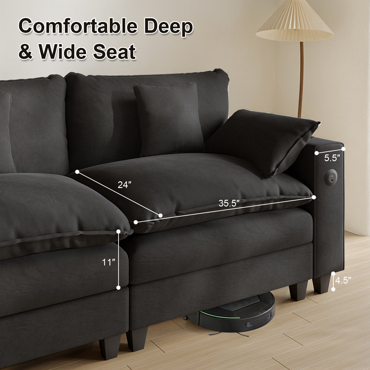 Sectional Couches for Living Room,116" U‑Shaped Modular Sectional with Ottoman, Cup Holders & USB Ports- Chenille Cloud Couch, 5-Seat Deep Seat Sofa for Apartment, Black