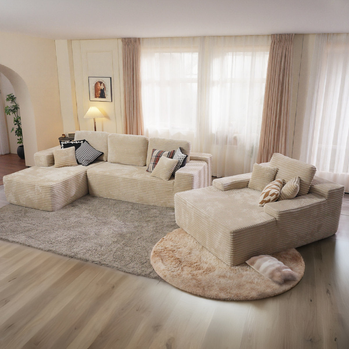 Seren 3-Piece No-Assembly Living Room Set, Plush Corduroy Modern Sectional Sofa With Loveseat And Chaise Lounge