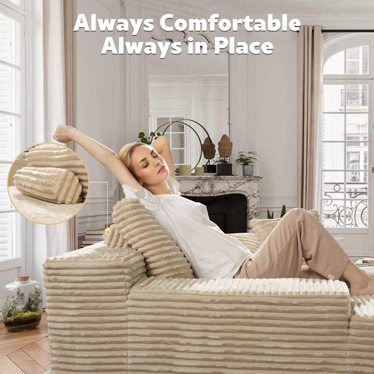 Seren 3-Piece No-Assembly Living Room Set, Plush Corduroy Modern Sectional Sofa With Loveseat And Chaise Lounge