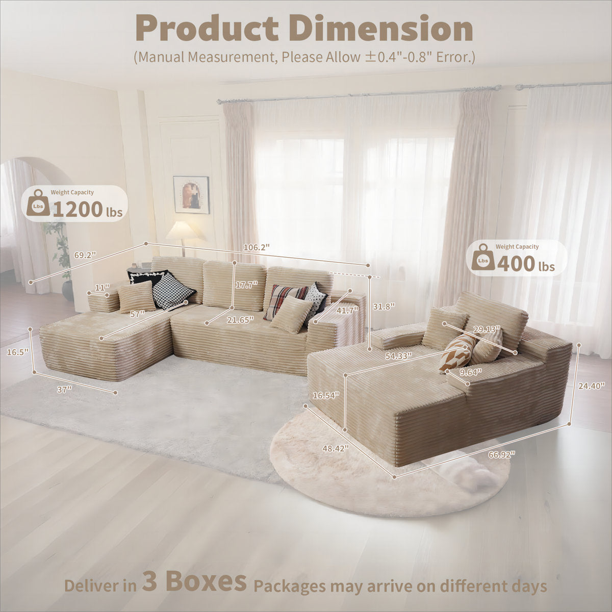 Seren 3-Piece No-Assembly Living Room Set, Plush Corduroy Modern Sectional Sofa With Loveseat And Chaise Lounge