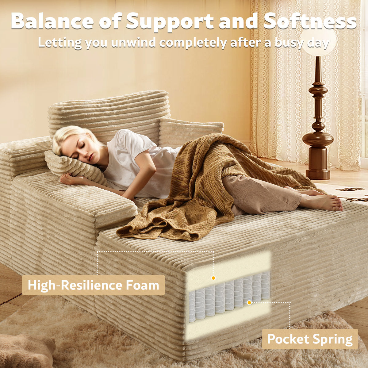 Seren 3-Piece No-Assembly Living Room Set, Plush Corduroy Modern Sectional Sofa With Loveseat And Chaise Lounge