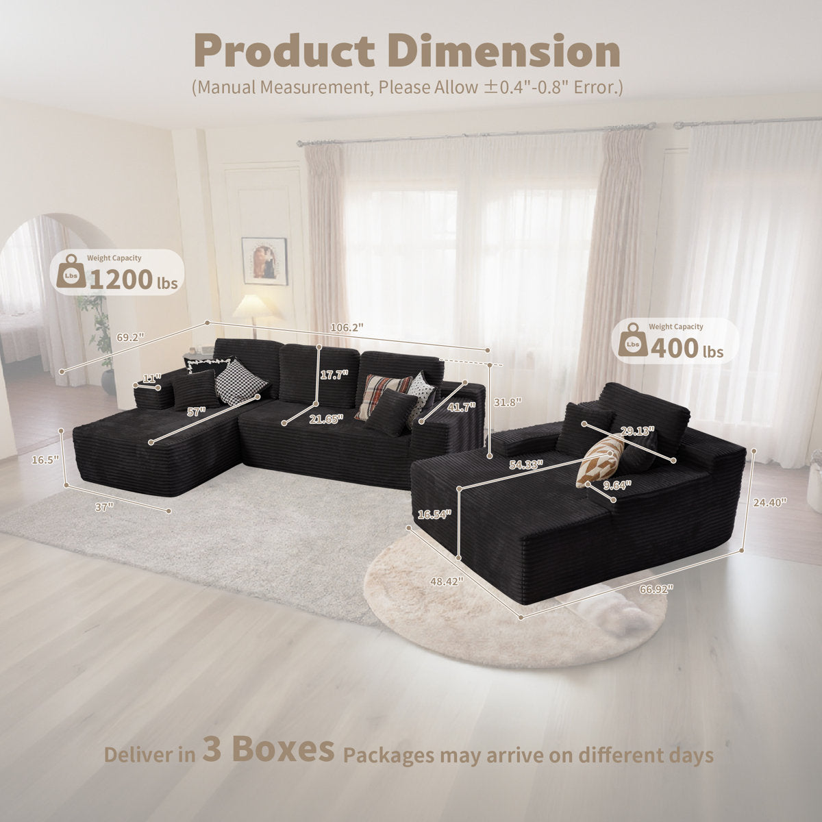 Seren 3-Piece No-Assembly Living Room Set, Plush Corduroy Modern Sectional Sofa With Loveseat And Chaise Lounge