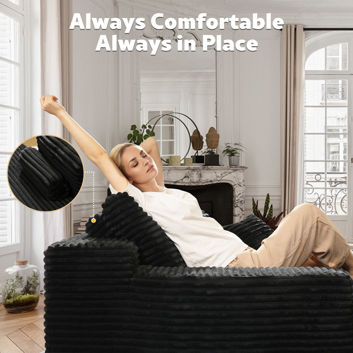 Seren 3-Piece No-Assembly Living Room Set, Plush Corduroy Modern Sectional Sofa With Loveseat And Chaise Lounge