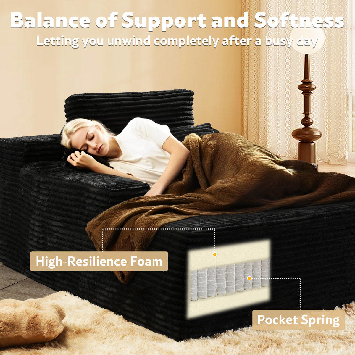 Seren 3-Piece No-Assembly Living Room Set, Plush Corduroy Modern Sectional Sofa With Loveseat And Chaise Lounge