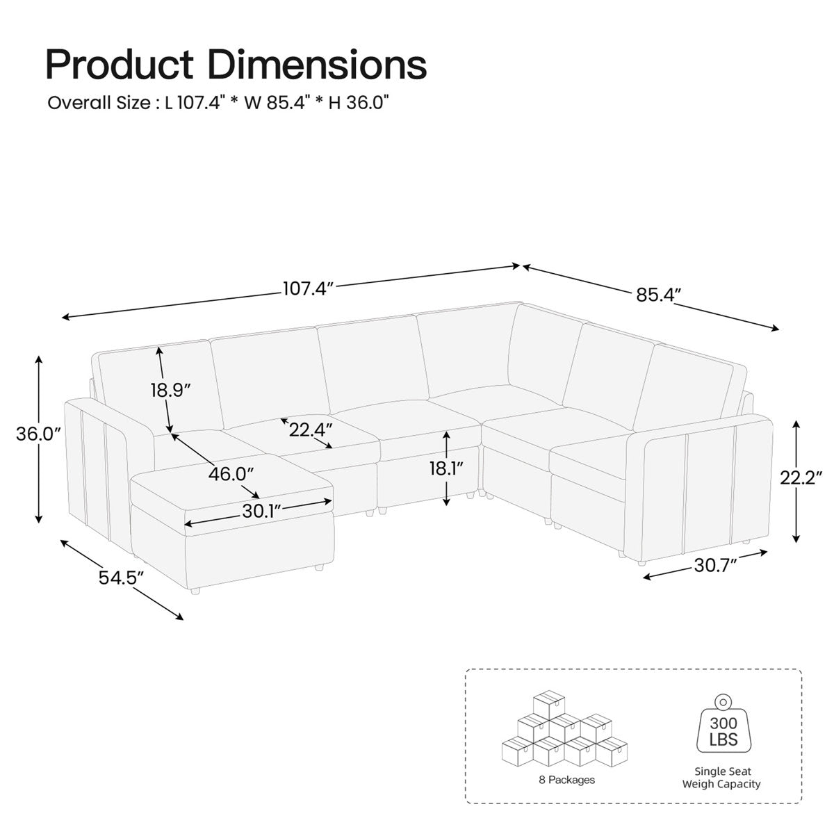 Seybert 8-Piece Velvet L Shaped Modular Corner Sofa Convertible U Shaped Living Room Couch With Storage Ottoman