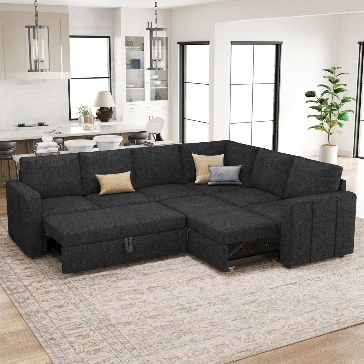 Seybert L Shaped Sofa Set Large Velvet Chenille Pullout Sofa Bed Modular Sectional Couch Convertible Sleeper