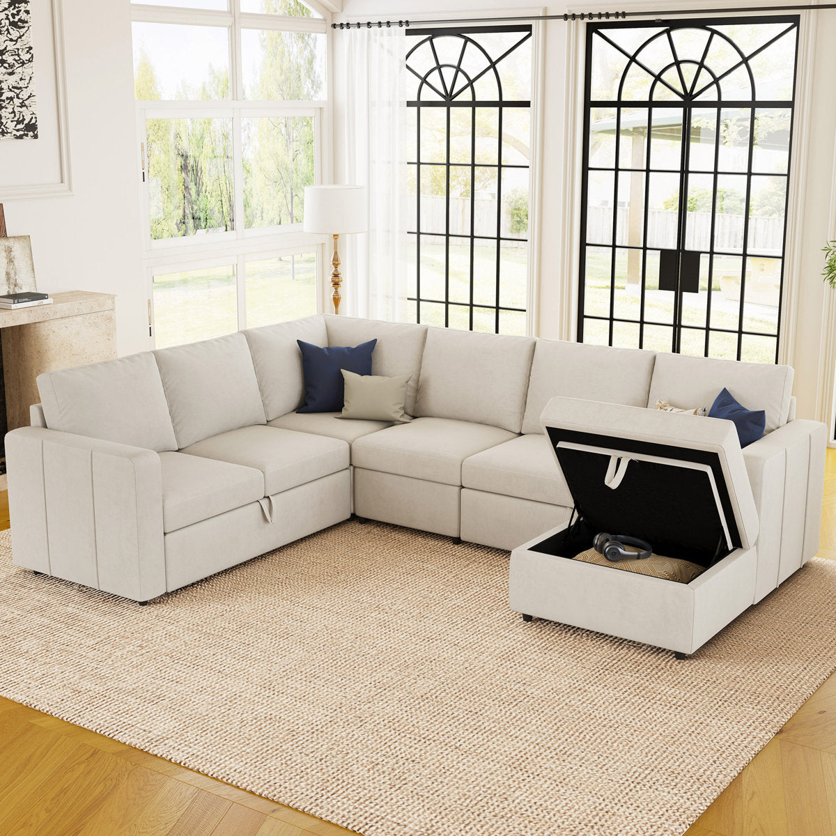 Seybert U Shaped Sofa Set Large Pullout Sofa Bed Modular Sectional Couch With Storage Ottoman