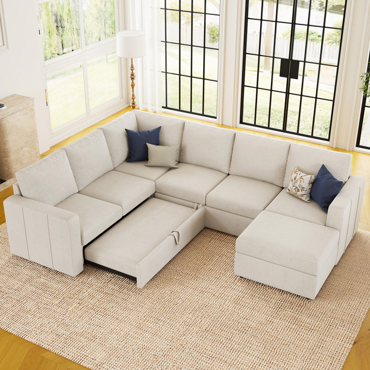Seybert U Shaped Sofa Set Large Pullout Sofa Bed Modular Sectional Couch With Storage Ottoman
