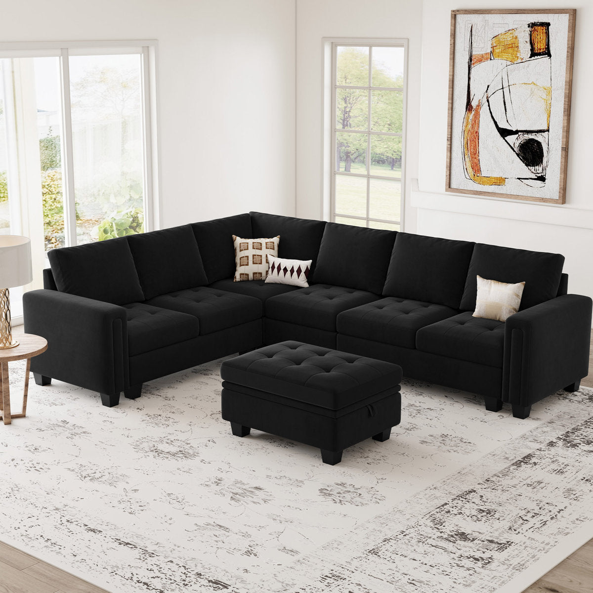 Shavera 6 - Piece Velvet Sectional Sofa L Shaped Modular Couch Living room Corner Sofa with Storage Ottoman