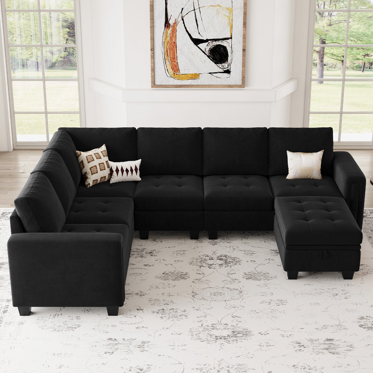 Shavera 6 - Piece Velvet Sectional Sofa L Shaped Modular Couch Living room Corner Sofa with Storage Ottoman