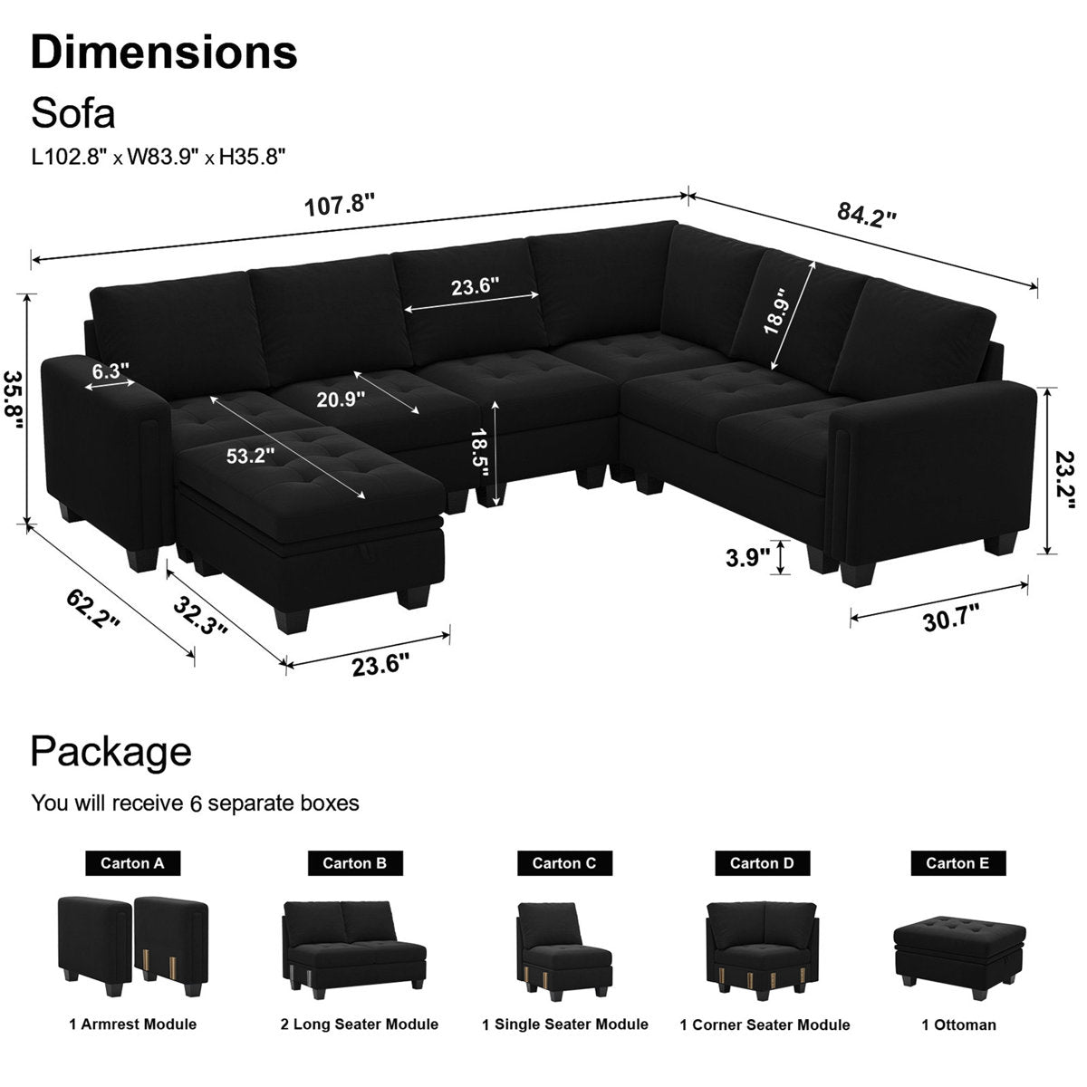 Shavera 6 - Piece Velvet Sectional Sofa L Shaped Modular Couch Living room Corner Sofa with Storage Ottoman