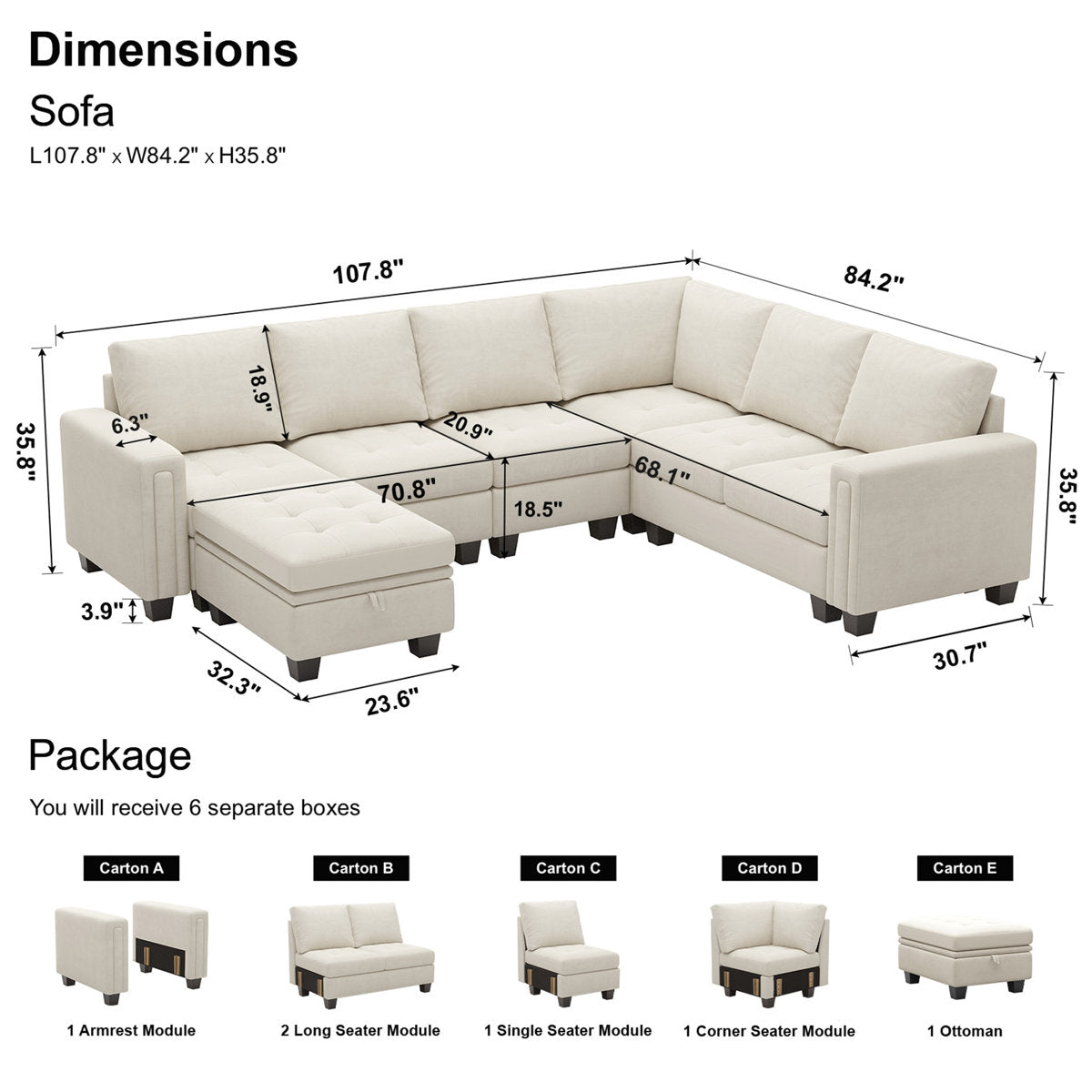 Shavera 6 - Piece Velvet Sectional Sofa L Shaped Modular Couch Living room Corner Sofa with Storage Ottoman