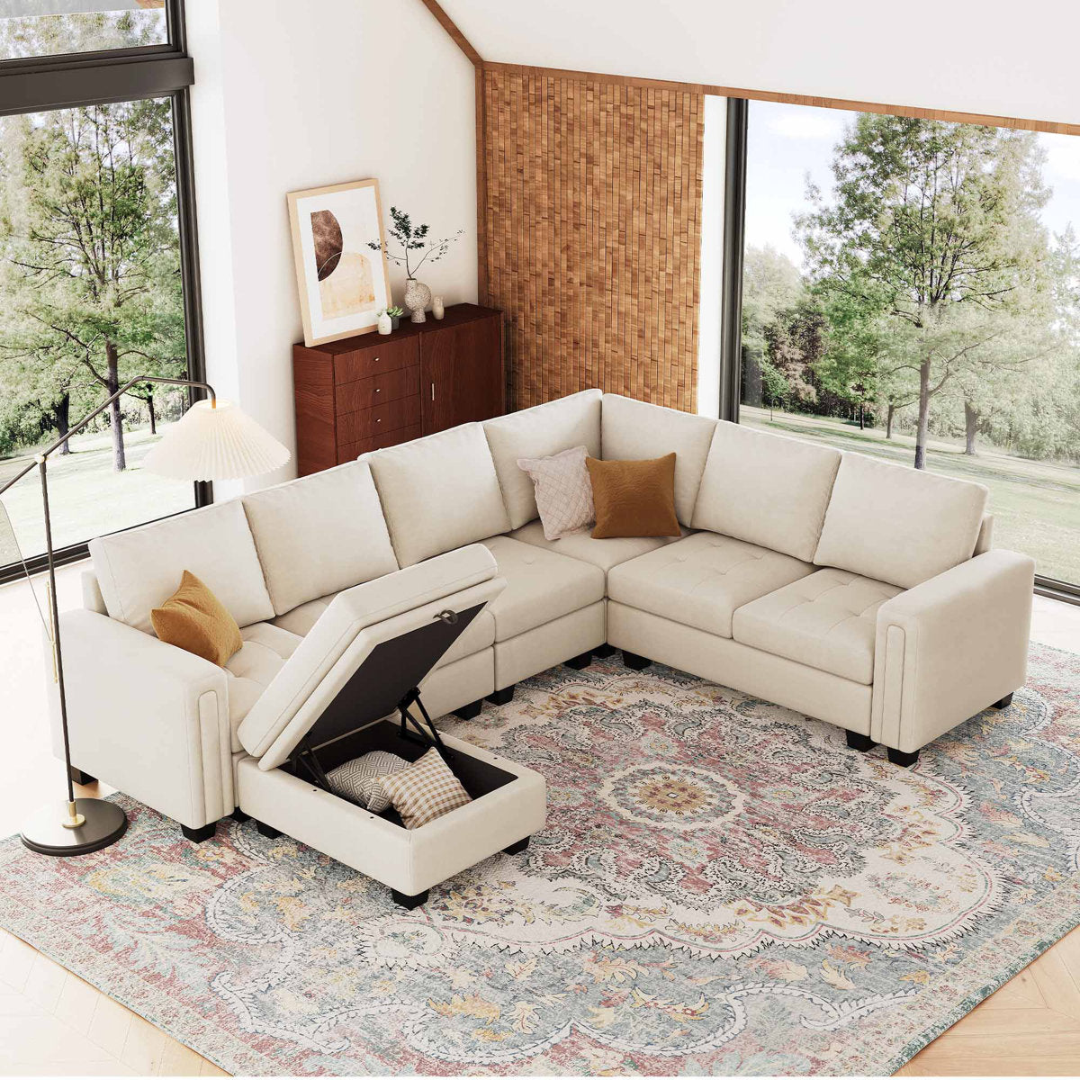 Shavera 6 - Piece Velvet Sectional Sofa L Shaped Modular Couch Living room Corner Sofa with Storage Ottoman