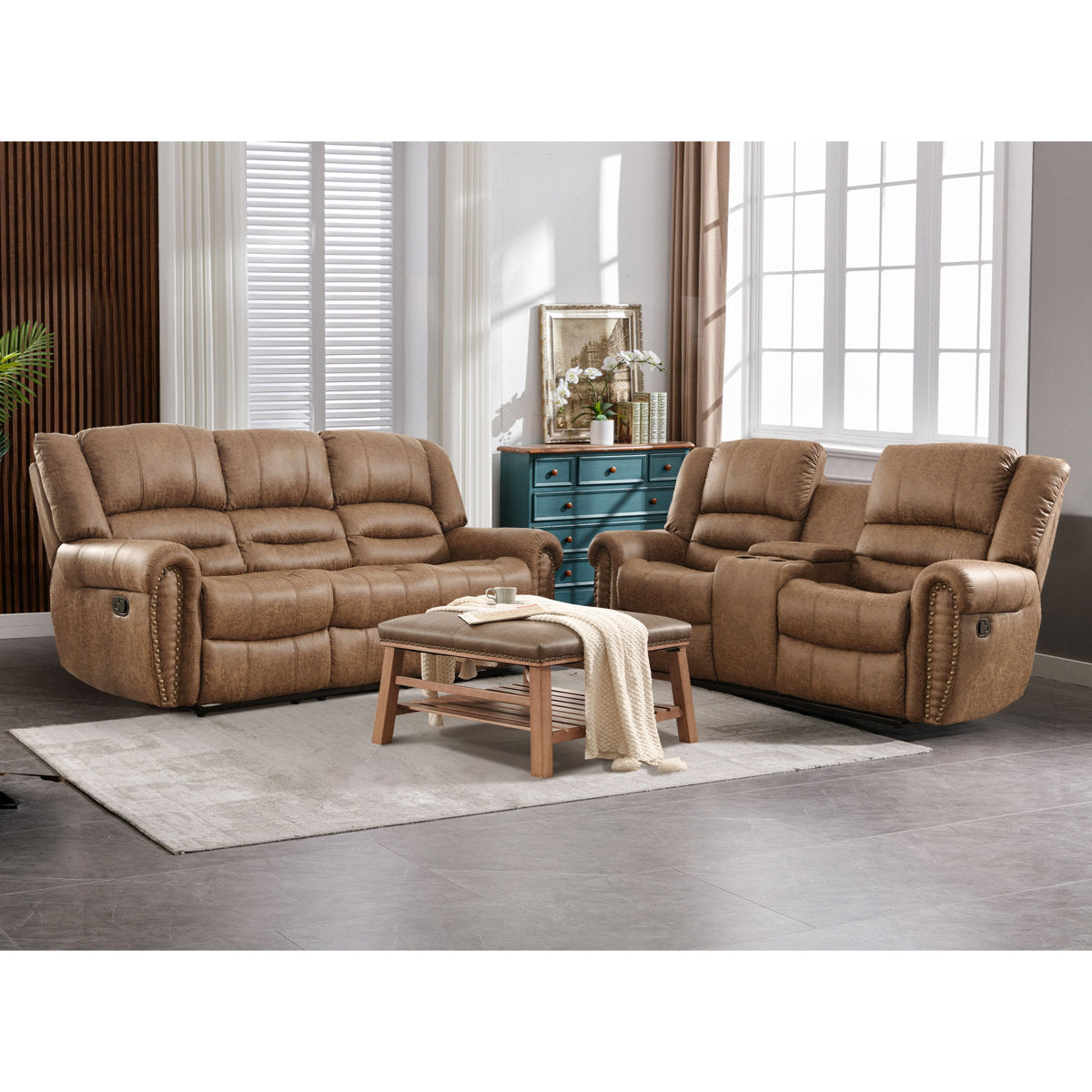 Siete 2-Piece Classic and Overstuffed Soft Faux Leather Manual Reclining Living Room Set