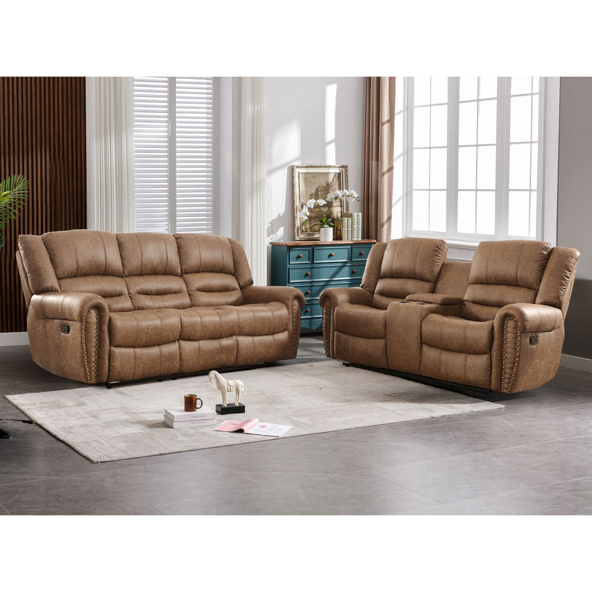 Siete 2-Piece Classic and Overstuffed Soft Faux Leather Manual Reclining Living Room Set