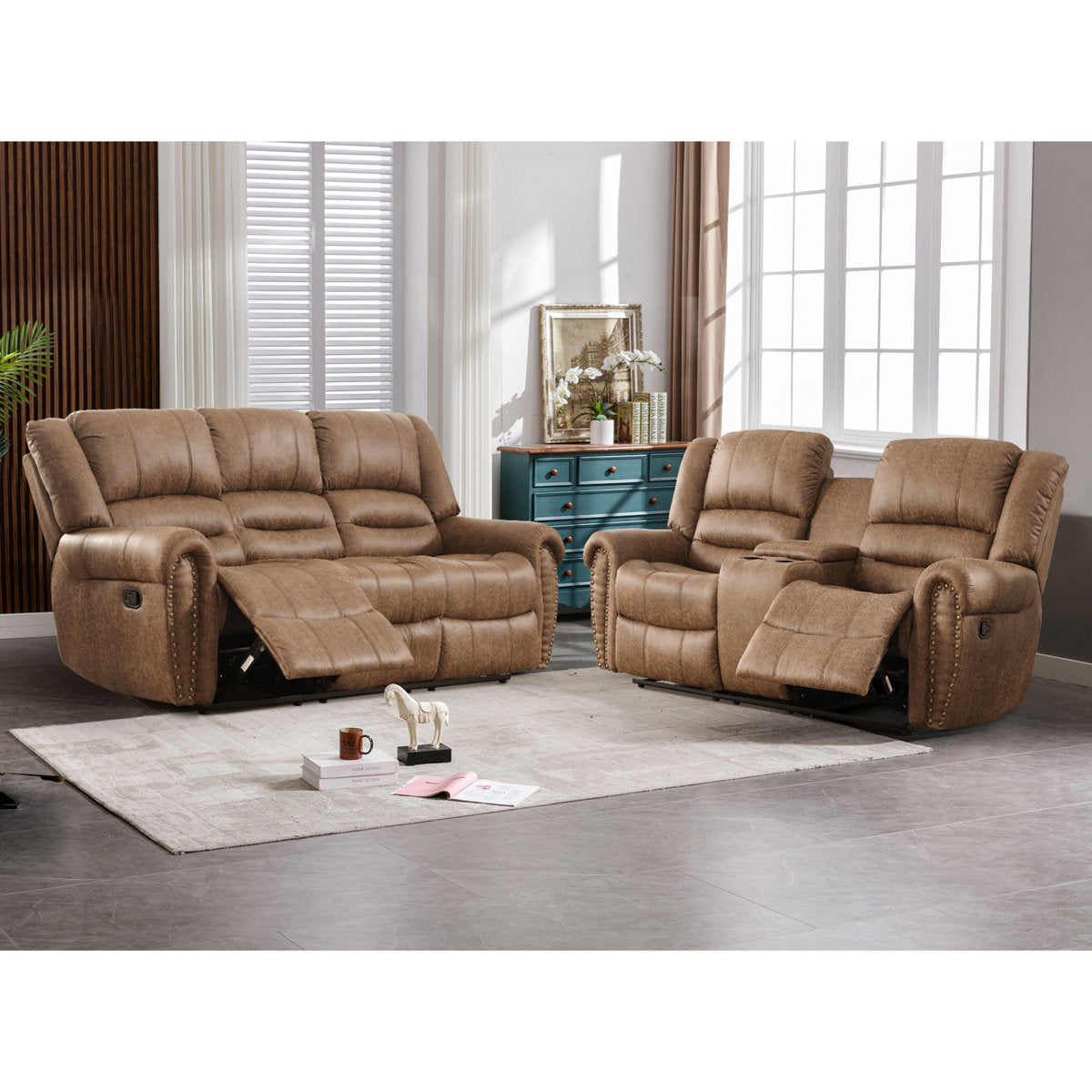 Siete 2-Piece Classic and Overstuffed Soft Faux Leather Manual Reclining Living Room Set