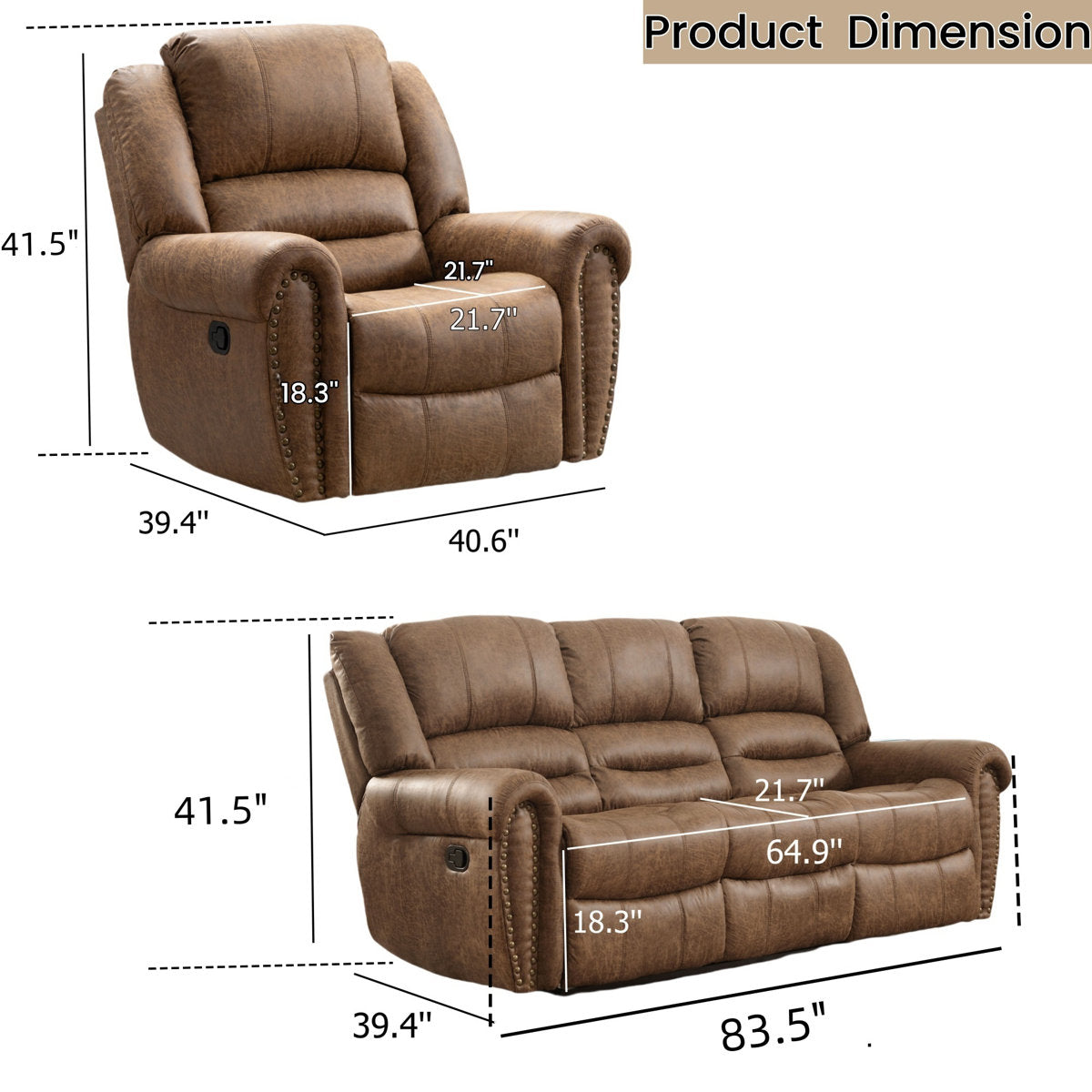 Siete 2-Piece Classic and Soft Faux Leather Manual Reclining Living Room Set