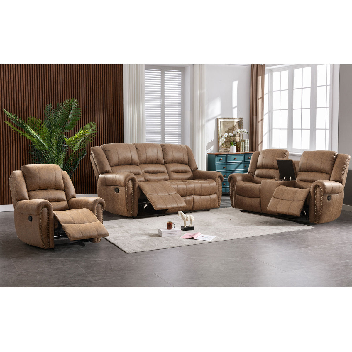 Siete 3-Piece Classic and Breathable Faux Leather Reclining Manual Living Room Set