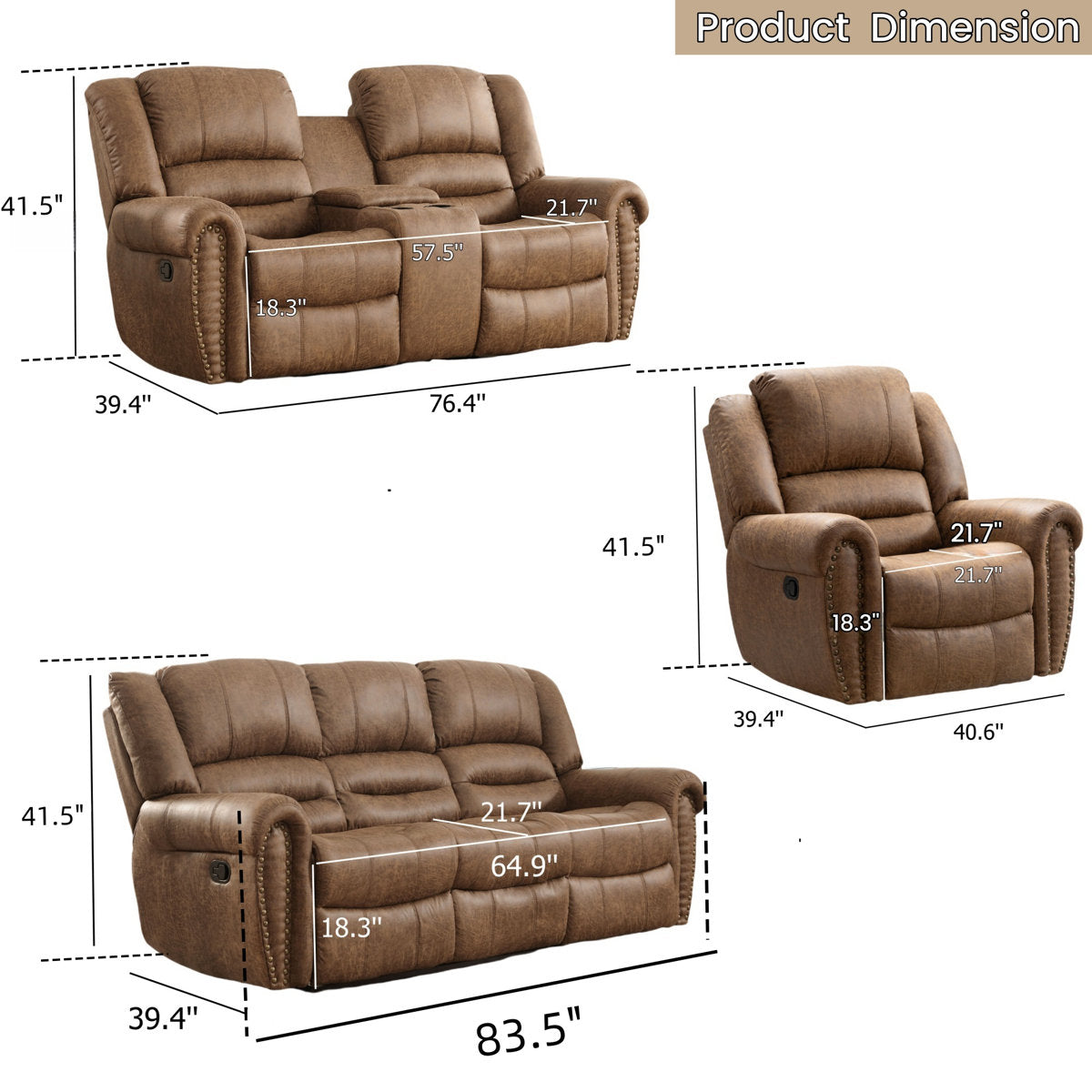 Siete 3-Piece Classic and Breathable Faux Leather Reclining Manual Living Room Set