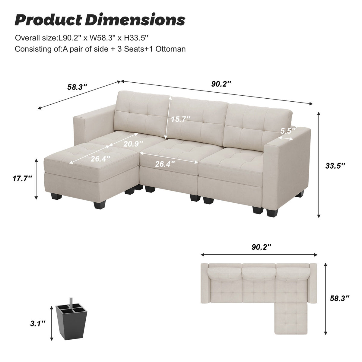 Soneson 17.7'' High Modern Tufted Upholstered Velvet Modular Sofa Couch with Storage Ottoman