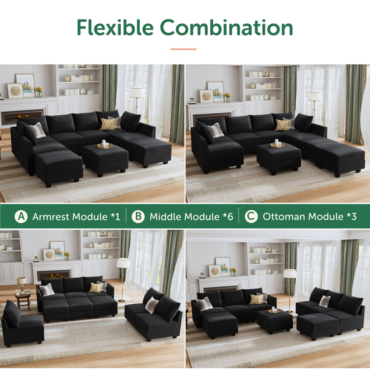 Tremee U Shaped Velvet Modular Sectional Sofa