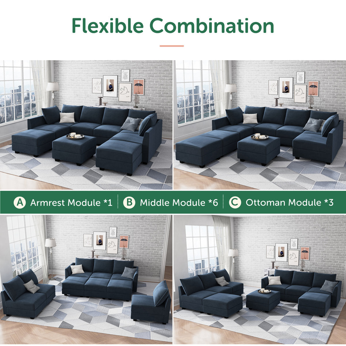 Tremee U Shaped Velvet Modular Sectional Sofa