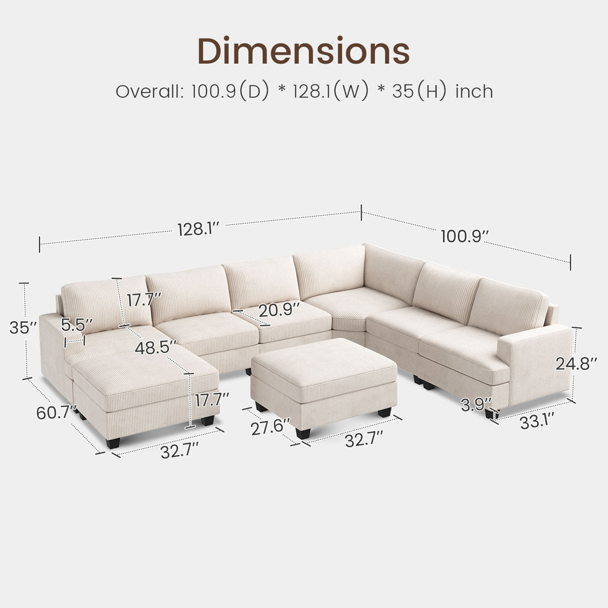 Turrella Corduroy Sectional Upholstered Modular Sectional Sofa with Storage Ottoman