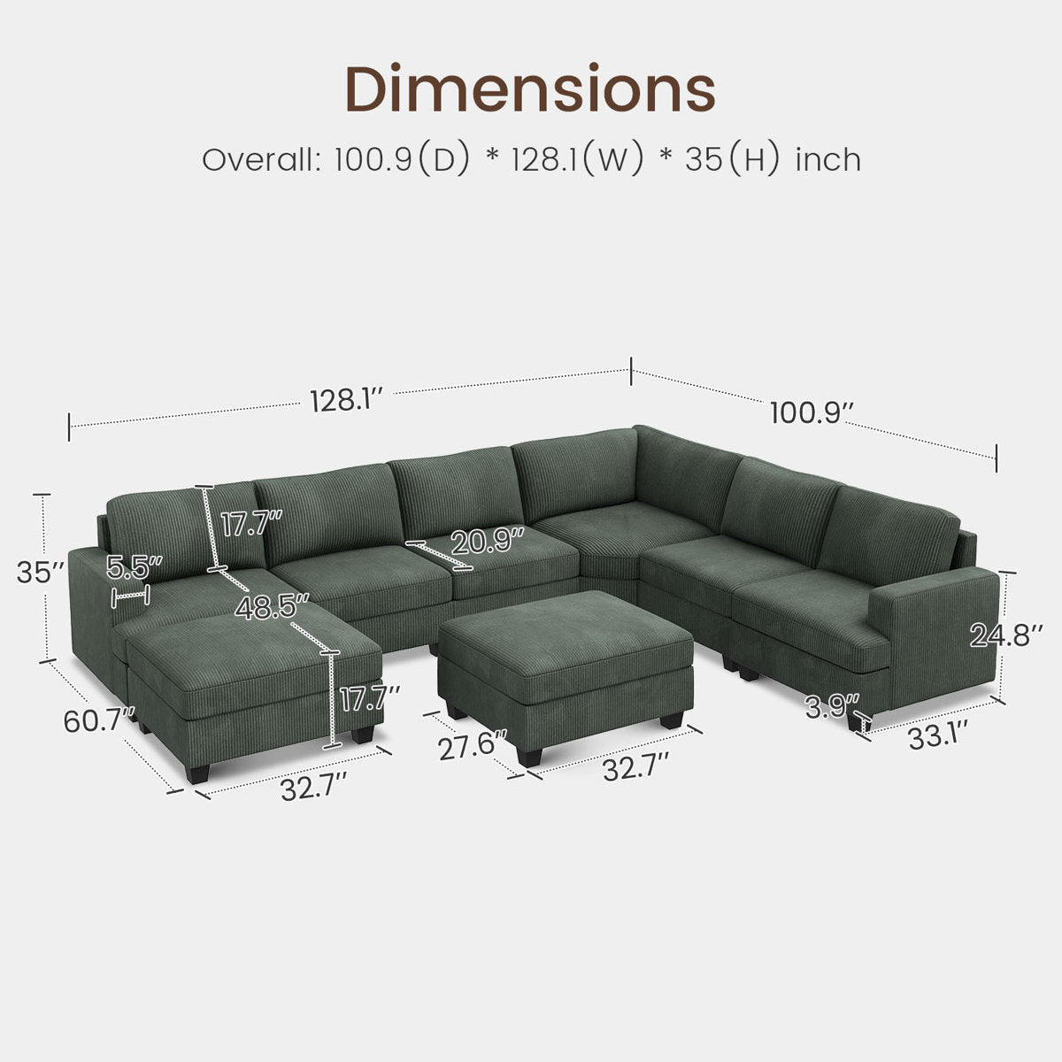 Turrella Corduroy Sectional Upholstered Modular Sectional Sofa with Storage Ottoman