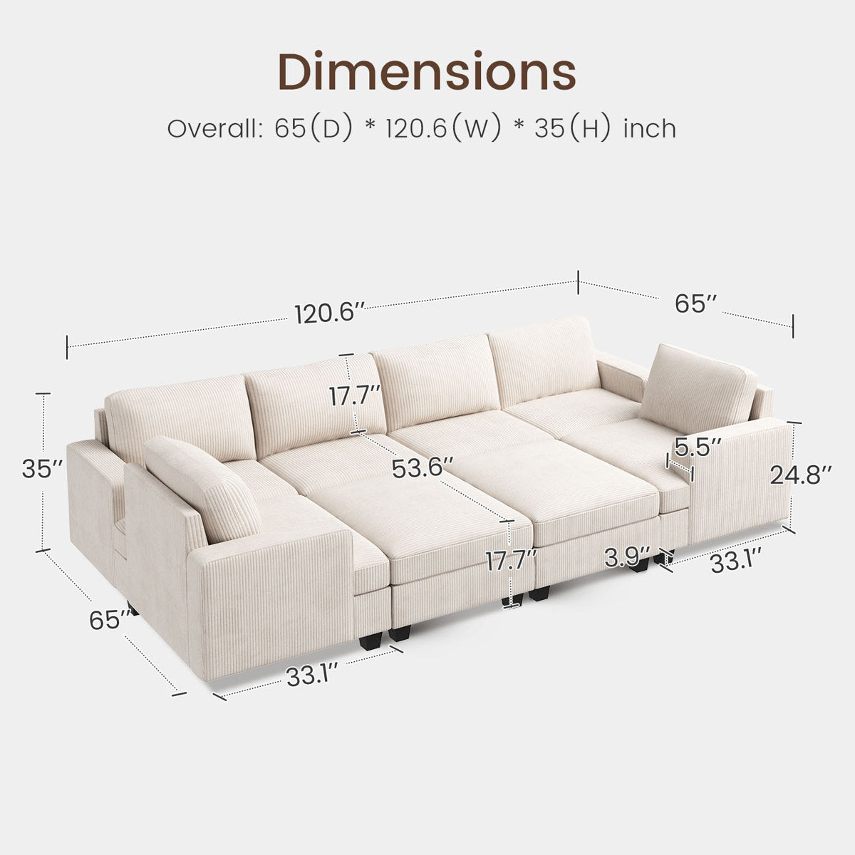 Turrella Corduroy Sleeper Sectional U Shaped Modular Sectional Sofa with Storage Ottoman