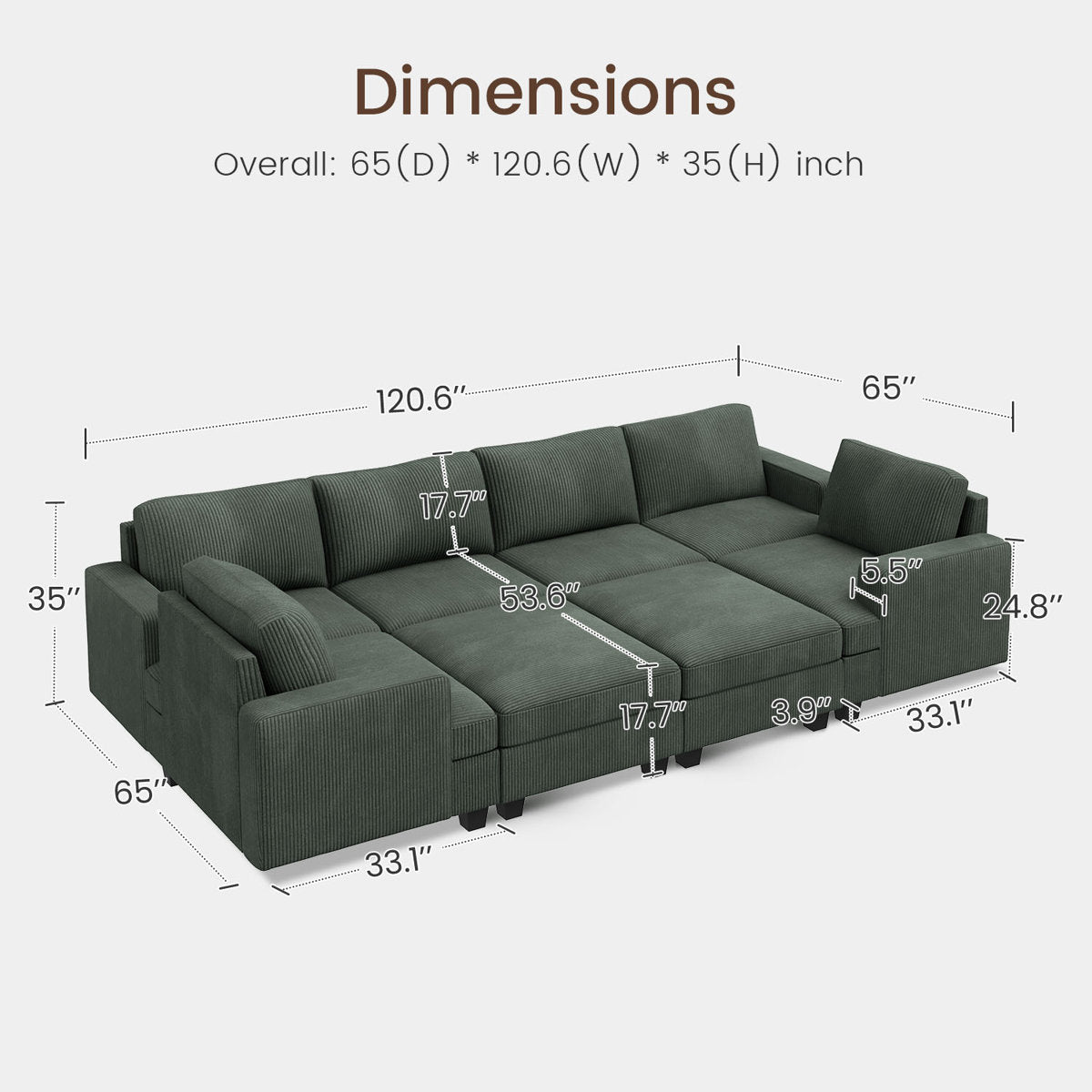 Turrella Corduroy Sleeper Sectional U Shaped Modular Sectional Sofa with Storage Ottoman