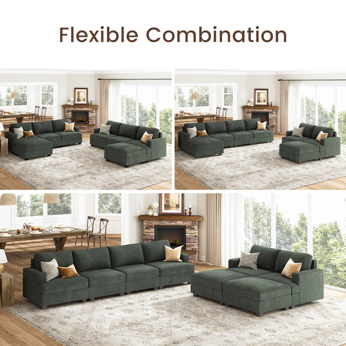 Turrella Corduroy Sleeper Sectional U Shaped Modular Sectional Sofa with Storage Ottoman