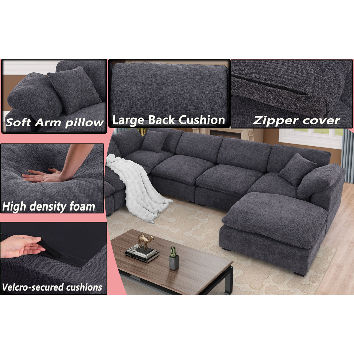 Vivianna 7- Piece Comfy Reversible Corner Sectional Sofa Couch With Ottoman