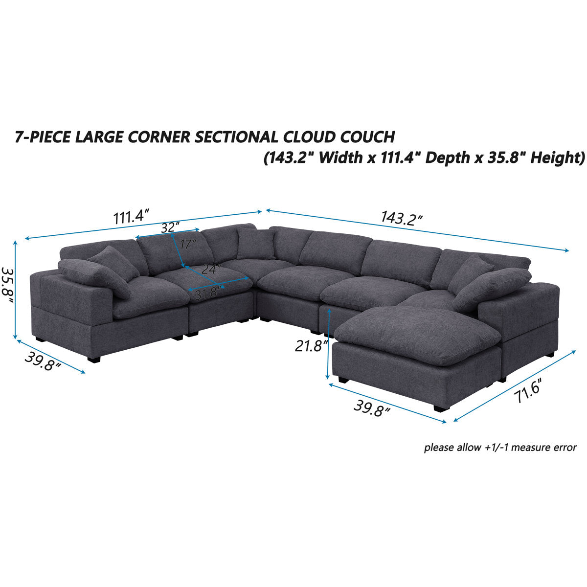 Vivianna 7- Piece Comfy Reversible Corner Sectional Sofa Couch With Ottoman