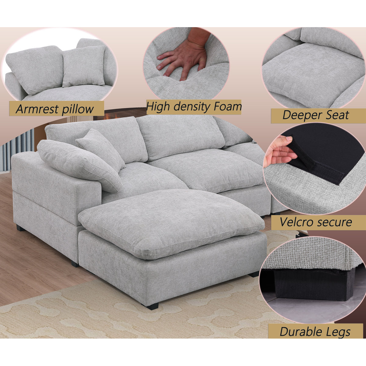 Wilroy 6-piece Comfy U-shaped Sofa Couch Reversible Chaise Sectional