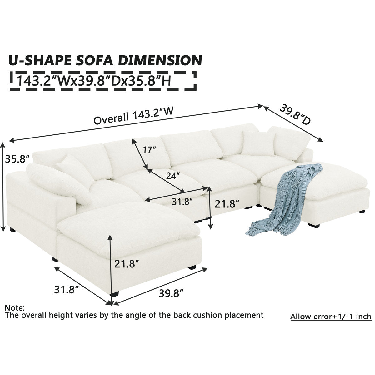 Wilroy 6-piece Comfy U-shaped Sofa Couch Reversible Chaise Sectional
