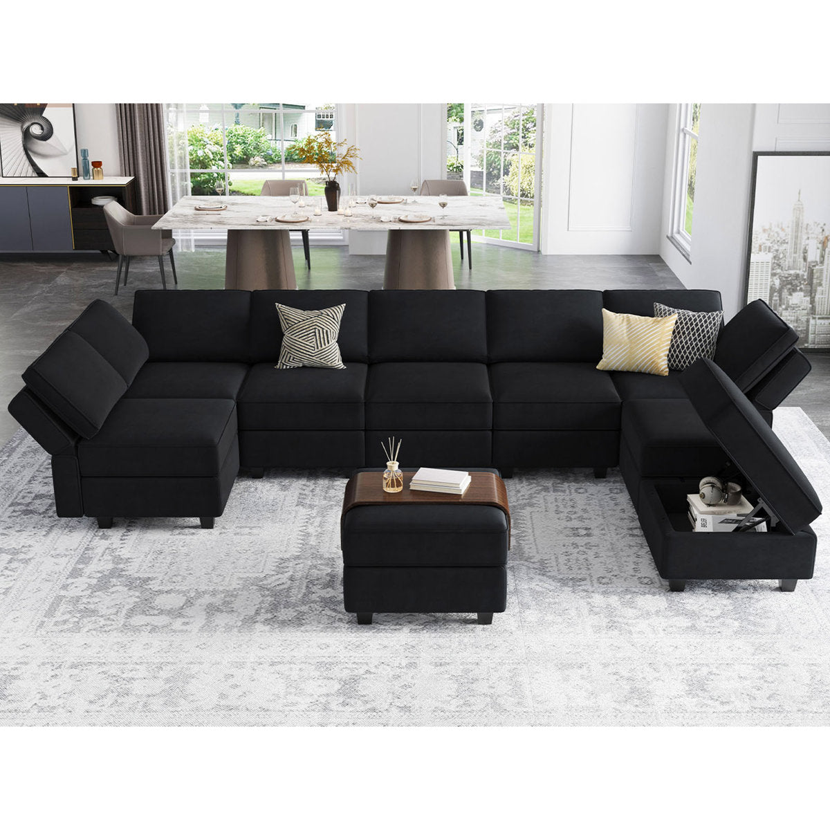 Wylodene 9-Pieces Large L Shaped Velvet Reversible Modular Sofa Sectional Couch-9 Storage Ottomans with 8 Backrests