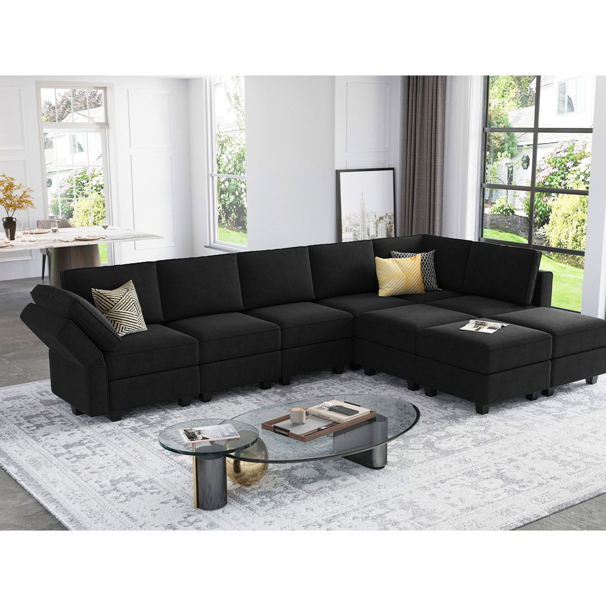 Wylodene 9-Pieces Large L Shaped Velvet Reversible Modular Sofa Sectional Couch-9 Storage Ottomans with 8 Backrests