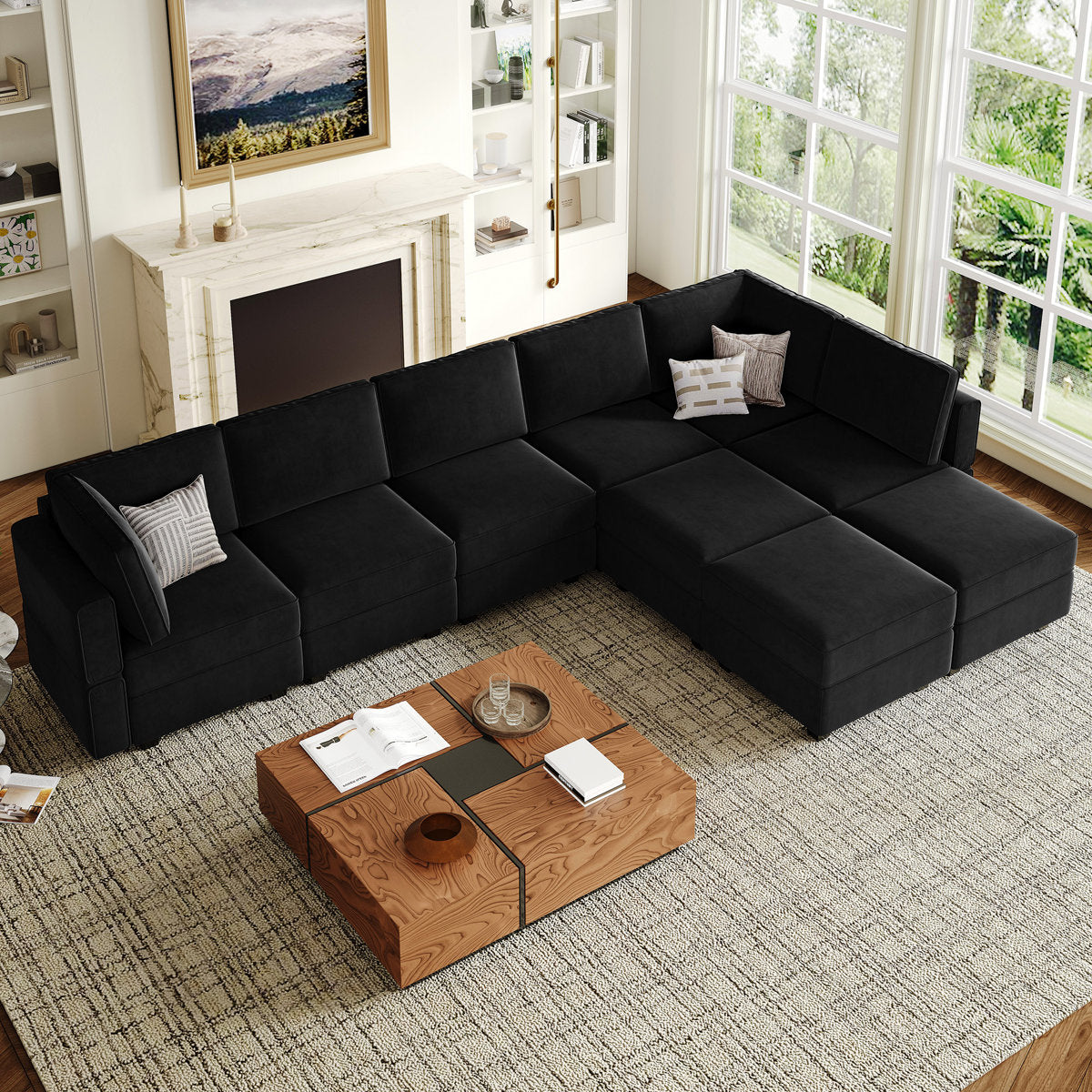 Wylodene 9-Pieces Large L Shaped Velvet Reversible Modular Sofa Sectional Couch-9 Storage Ottomans with 8 Backrests