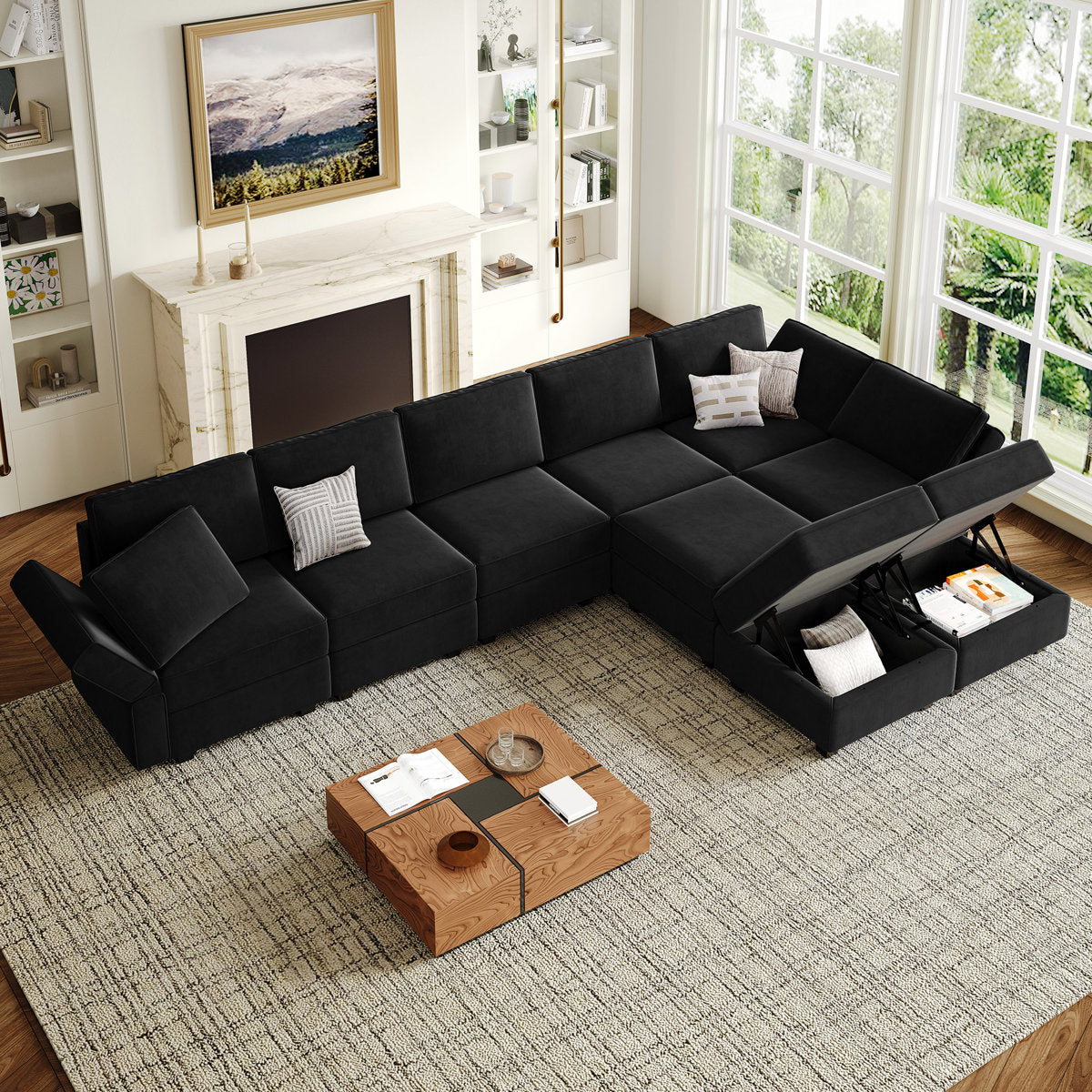Wylodene 9-Pieces Large L Shaped Velvet Reversible Modular Sofa Sectional Couch-9 Storage Ottomans with 8 Backrests