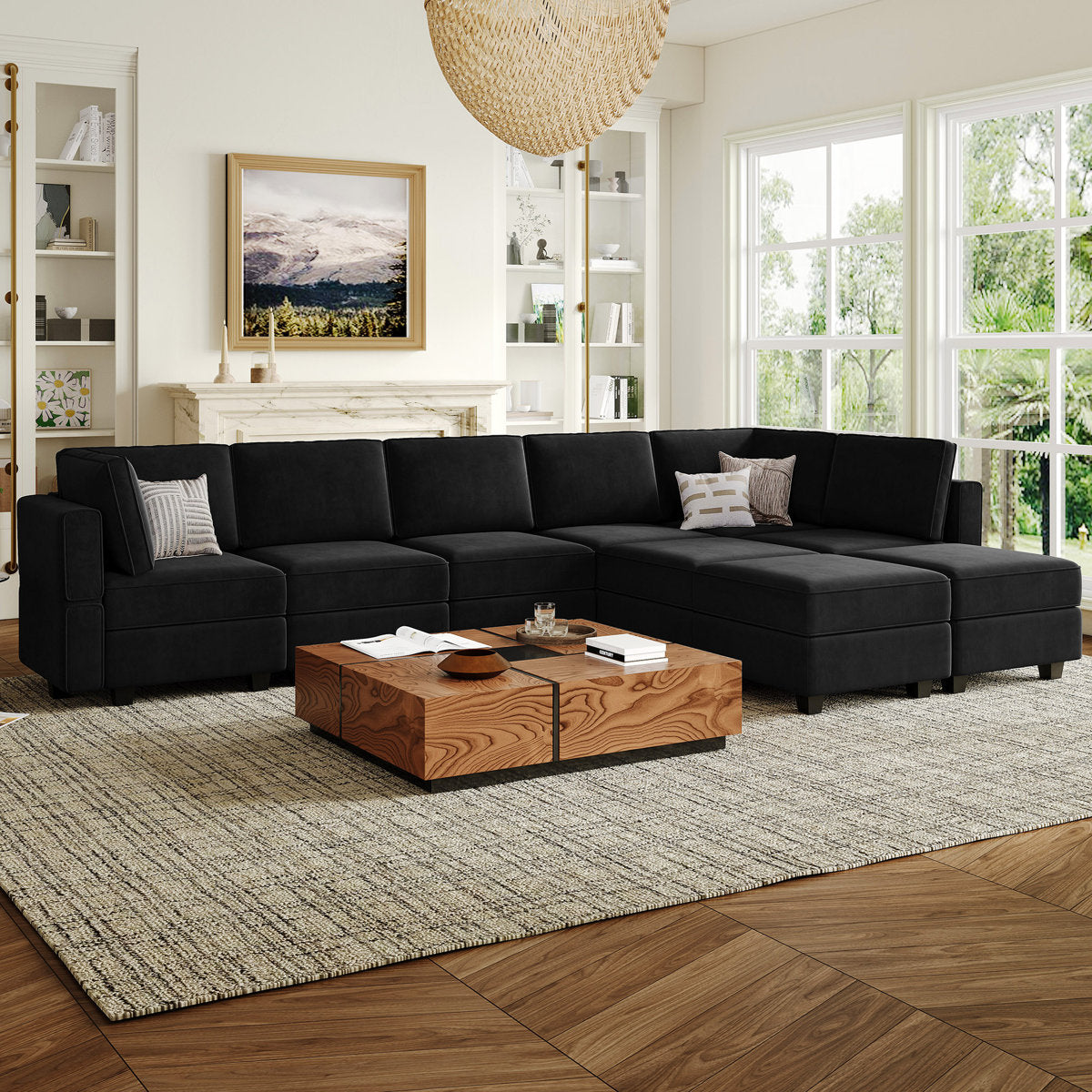 Wylodene 9-Pieces Large L Shaped Velvet Reversible Modular Sofa Sectional Couch-9 Storage Ottomans with 8 Backrests