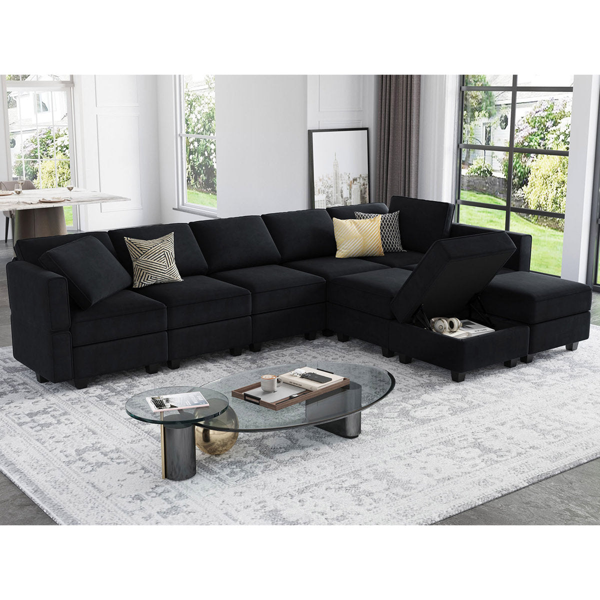 Wylodene 9-Pieces Large L Shaped Velvet Reversible Modular Sofa Sectional Couch-9 Storage Ottomans with 8 Backrests