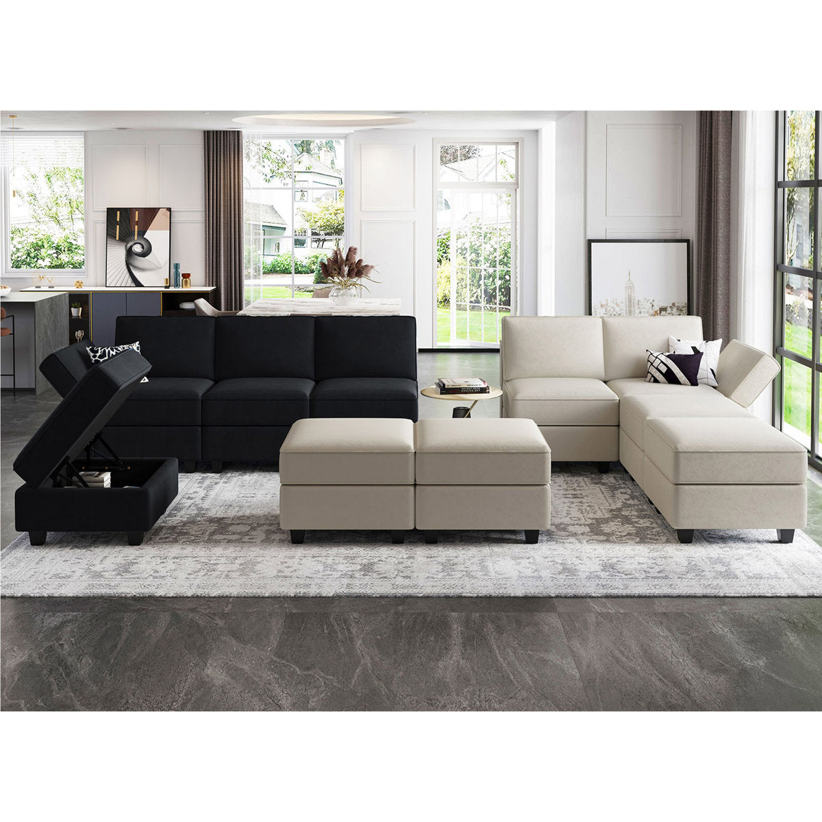 Wylodene 9-Pieces Large L Shaped Velvet Reversible Modular Sofa Sectional Couch-9 Storage Ottomans with 8 Backrests